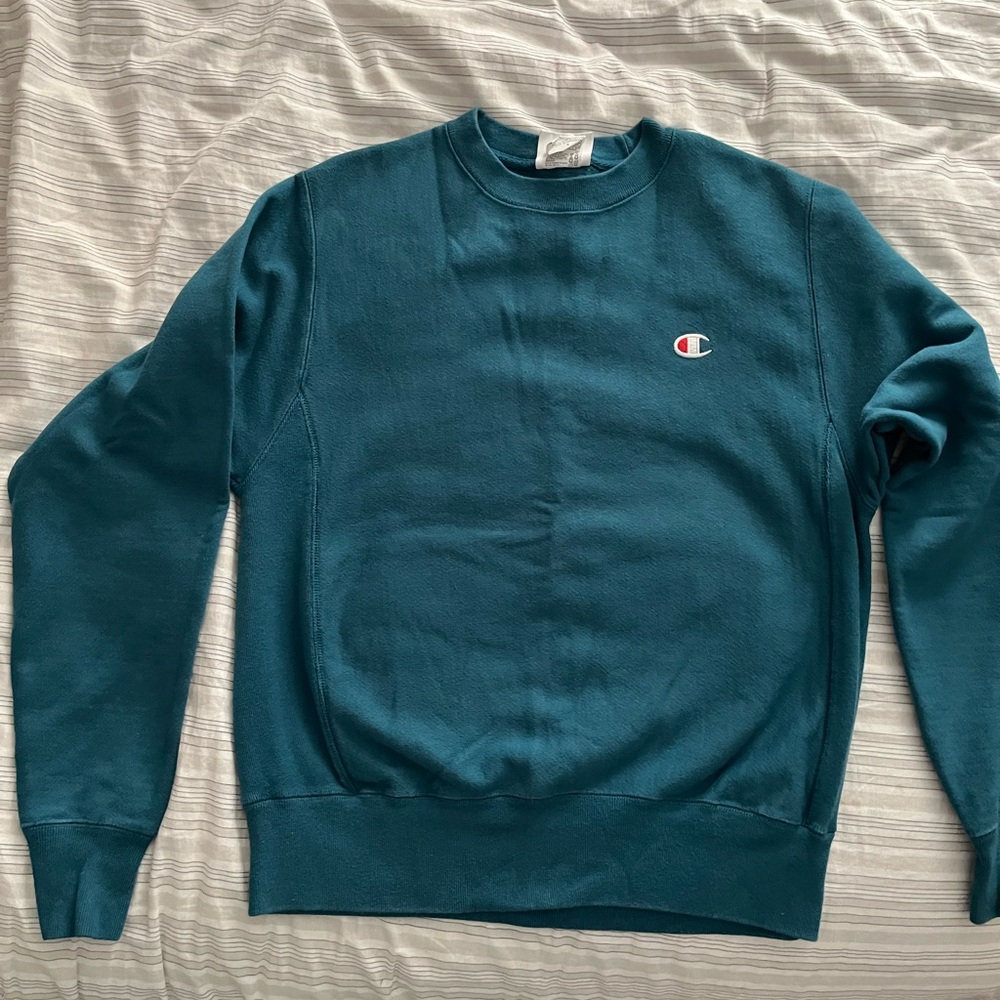Women’s Champion Reverse Weave Boyfriend Crewneck, teal blue, size S